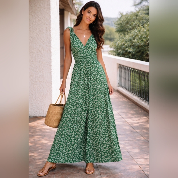 Cupshe Dresses & Skirts - Cupshe Green Floral Maxi Dress Tie Strap Flowy Summer Small NWOT